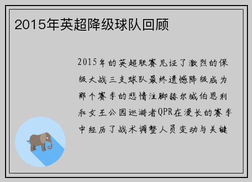 2015年英超降级球队回顾