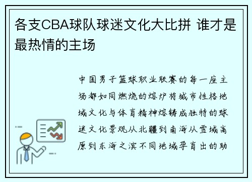 各支CBA球队球迷文化大比拼 谁才是最热情的主场
